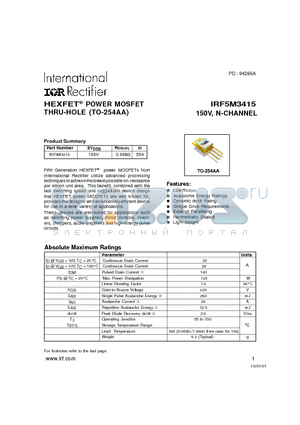 IRF5M3415 datasheet - POWER MOSFET N-CHANNEL(Vdss=10V, Rds(on)=0.049ohm,Id=35A)