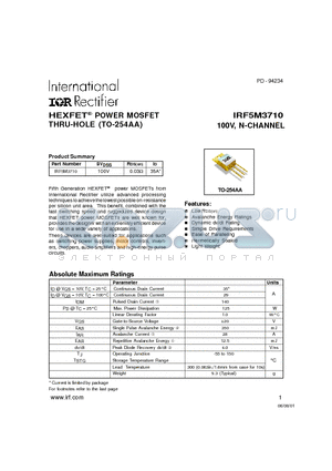 IRF5M3710 datasheet - POWER MOSFET N-CHANNEL(Vdss=100V, Rds(on)=0.03ohm, Id=35A)