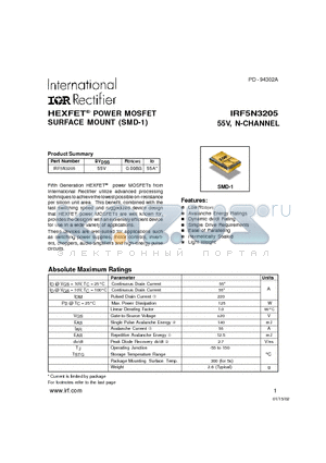 IRF5N3205 datasheet - POWER MOSFET N-CHANNEL(Vdss=55V, Rds(on)=0.008ohm, Id=55A*)