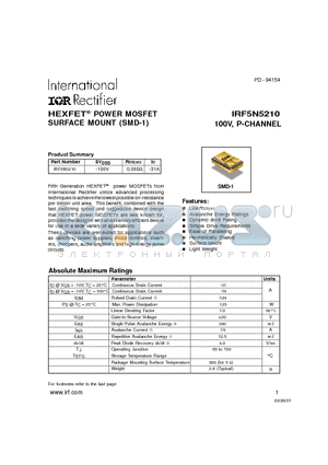 IRF5N5210 datasheet - POWER MOSFET P-CHANNEL(Vdss=-100V, Rds(on)=0.060ohm, Id=-31A)
