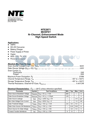 NTE2971 datasheet - MOSFET N-Channel, Enhancement Mode High Speed Switch