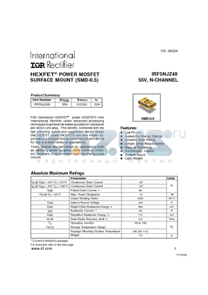 IRF5NJZ48 datasheet - POWER MOSFET N-CHANNEL(Vdss=55V, Rds(on)=0.016ohm, Id=22A*)