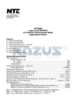 NTE2985 datasheet - Logic Level MOSFET N-Channel, Enhancement Mode High Speed Switch