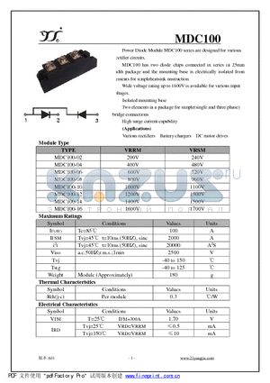 MDC100-08 datasheet - Power Diode Module MDC100 series are designed for various Rectifier circuits