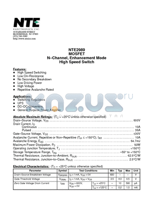 NTE2989 datasheet - MOSFET N-Channel, Enhancement Mode High Speed Switch