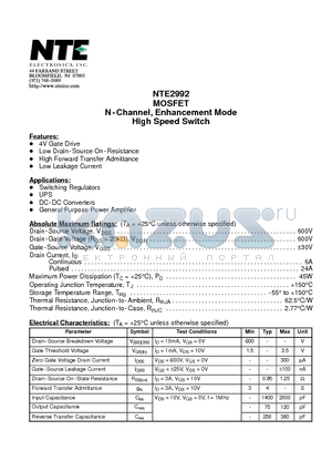 NTE2992 datasheet - MOSFET N-Channel, Enhancement Mode High Speed Switch