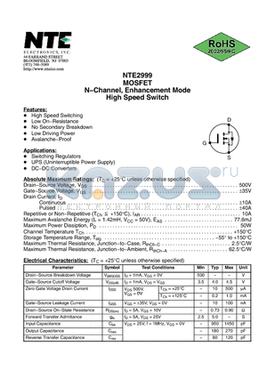 NTE2999 datasheet - MOSFET N−Channel, Enhancement Mode High Speed Switch
