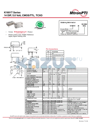 K1601T-R datasheet - 14 DIP, 5.0 Volt, CMOS/TTL, TCXO