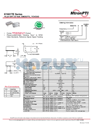 K1601TEW-R datasheet - 14 pin DIP, 5.0 Volt, CMOS/TTL, TCVCXO