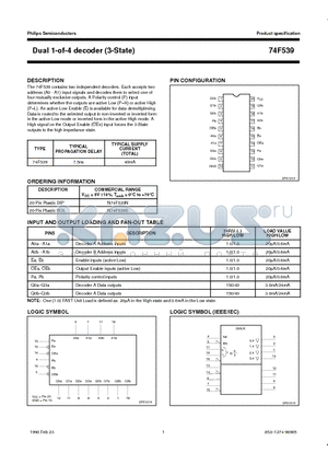 N74F539D datasheet - Dual 1-of-4 decoder 3-State