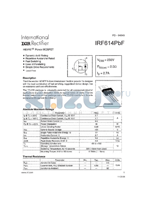 IRF614PBF datasheet - hexfet power mosfet