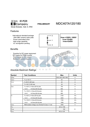 MDC40TA120 datasheet - Diode Modules Add-A Pak