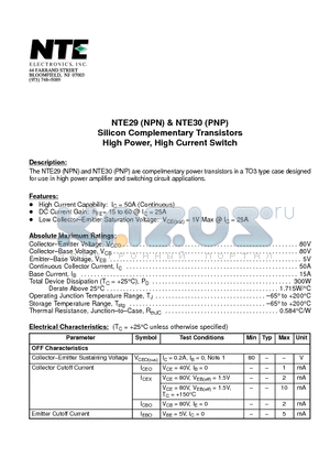 NTE30 datasheet - Silicon Complementary Transistors High Power, High Current Switch