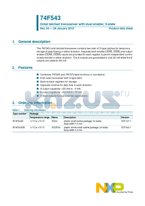 N74F543DB datasheet - Octal latched transceiver with dual enable; 3-state