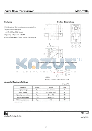 MOF-T3K4 datasheet - Fiber Optic Transmitter