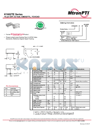 K1602TE_07 datasheet - 14 pin DIP, 5.0 Volt, CMOS/TTL, TCVCXO