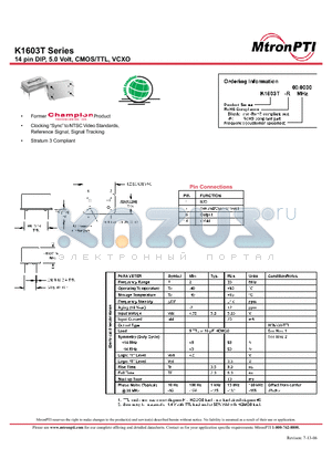 K1603T datasheet - 14 pin DIP, 5.0 Volt, CMOS/TTL, VCXO