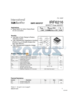 IRF6216 datasheet - SMPS MOSFET