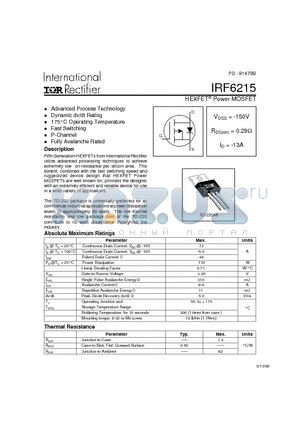 IRF6215 datasheet - HEXFET Power MOSFET