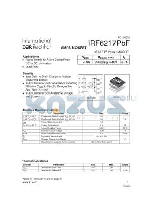 IRF6217PBF datasheet - SMPS MOSFET HEXFET^Power MOSFET
