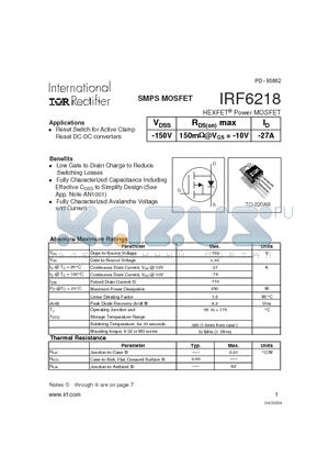 IRF6218 datasheet - SMPS MOSFET