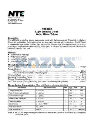 NTE3002 datasheet - Light Emitting Diode Water Clear, Yellow