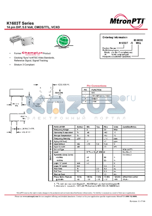K1603T_06 datasheet - 14 pin DIP, 5.0 Volt, CMOS/TTL, VCXO