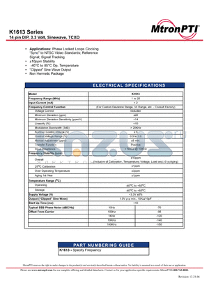 K1613 datasheet - 14 pin DIP, 3.3 Volt, Sinewave, TCXO