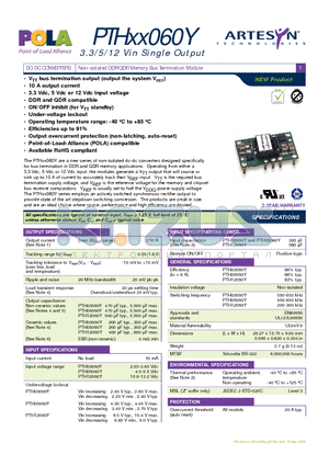 PTH03060Y datasheet - Non-isolated DDR/QDR Memory Bus Termination Module