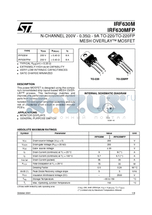 IRF630MFP datasheet - N-CHANNEL 200V - 0.35W - 9A TO-220/TO-220FP MESH OVERLAY MOSFET