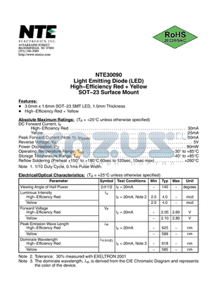 NTE30090 datasheet - Light Emitting Diode (LED)High−Efficiency Red  Yellow SOT−23 Surface Mount