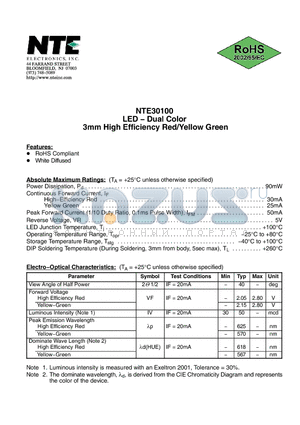 NTE30100 datasheet - LED − Dual Color 3mm High Efficiency Red/Yellow Green