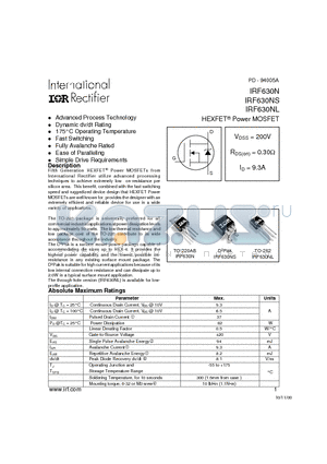 IRF630NS datasheet - Power MOSFET(Vdss=200V, Rds(on)=0.30ohm, Id=9.3A)