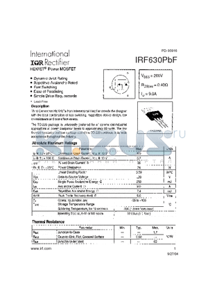 IRF630PBF datasheet - HEXFET Power MOSFET ( VDSS = 200V , RDS(on) = 0.40Y , ID = 9.0A )