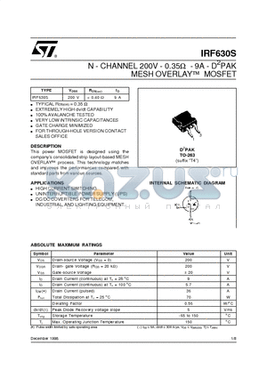 IRF630S datasheet - N - CHANNEL 200V - 0.35ohm - 9A - D2PAK MESH OVERLAY] MOSFET