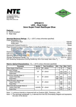 NTE30111 datasheet - LED − Dual Color 3mm Super Fresh Red/Super Blue