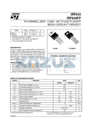 IRF634 datasheet - N-CHANNEL 250V - 0.38ohm - 8A TO-220/TO-220FP MESH OVERLAY MOSFET
