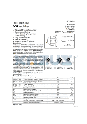 IRF634N datasheet - Power MOSFET(Vdss=250V, Rds(on)=0.435ohm, Id=8.0A)