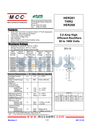 HER208 datasheet - 2.0 Amp High Efficient Rectifiers 50 to 1000 Volts