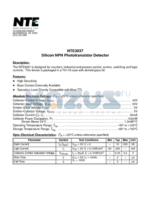 NTE3037 datasheet - Silicon NPN Phototransistor Detector