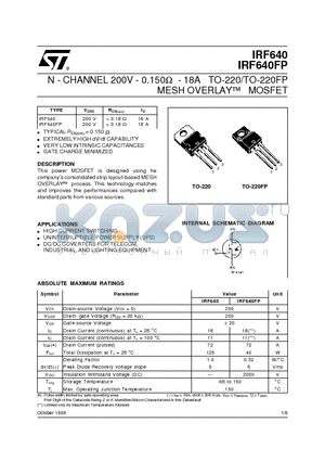 IRF640 datasheet - N - CHANNEL 200V - 0.150ohm - 18A TO-220/TO-220FP MESH OVERLAY] MOSFET
