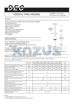 HER208G datasheet - CURRENT 2.0 Amperes VOLTAGE 50 to 1000 Volts