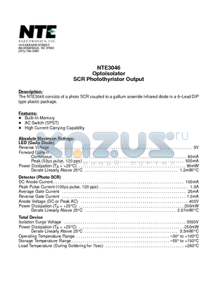 NTE3046 datasheet - Optoisolator SCR Photothyristor Output