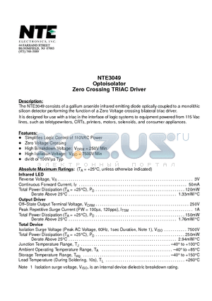 NTE3049 datasheet - Optoisolator Zero Crossing TRIAC Driver