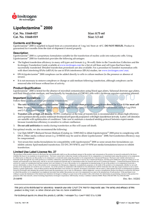 LIPO datasheet - Lipofectamine 2000