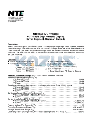 NTE3060 datasheet - 0.3 Single Digit Numeric Display, Seven Segment, Common Cathode