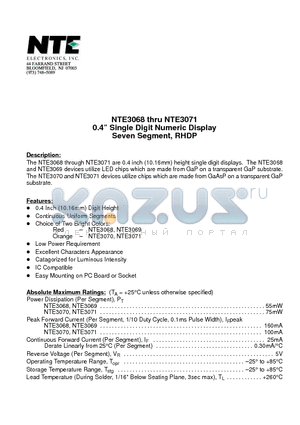 NTE3068 datasheet - 0.4 Single Digit Numeric Display Seven Segment, RHDP