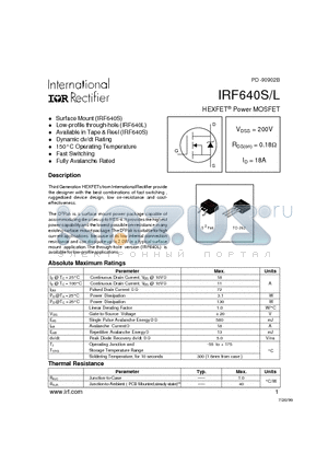 IRF640L datasheet - Power MOSFET(Vdss=200V, Rds(on)=0.18ohm, Id=18A)