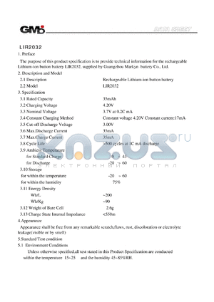 LIR2032 datasheet - RECHARGEABLE LITHIUM ION BUTTON BATTERY