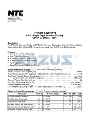 NTE3079 datasheet - 0.56 Single Digit Numeric Display Seven Segment, RHDP